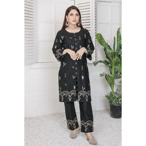 2 Piece Kurti Salwar Embroidery Set - Pure Cotton Collection Stylish Solid Color Light Weight Cotton Fabric Suit Top Bottom Salwar Kameez Indian Pakistani Embroidered Suit For Event Party Outdoor Dress - Black