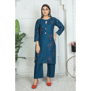 2 Piece Kurti Salwar Embroidery Set - Pure Cotton Collection Stylish Solid Color Light Weight Cotton Fabric Suit Top Bottom Salwar Kameez Indian Pakistani Embroidered Suit For Event Party Outdoor Dress - Dark Blue