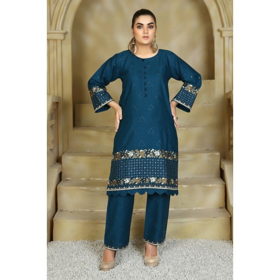 2 Piece Kurti Salwar Embroidery Set - Pure Cotton Collection Stylish Solid Color Light Weight Cotton Fabric Suit Top Bottom Salwar Kameez Indian Pakistani Embroidered Suit For Event Party Outdoor Dress - Dark Blue