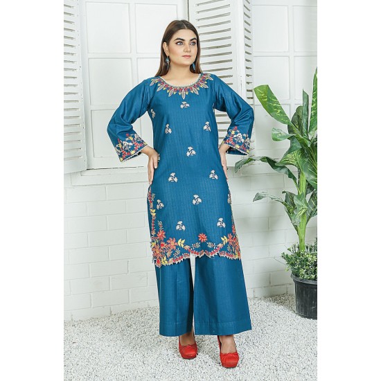 2 Piece Kurti Salwar Embroidery Set - Pure Cotton Collection Stylish Solid Color Light Weight Cotton Fabric Suit Top Bottom Salwar Kameez Indian Pakistani Embroidered Suit For Event Party Outdoor Dress - Dark Blue