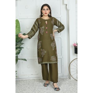 2 Piece Kurti Salwar Embroidery Set - Pure Cotton Collection Stylish Solid Color Light Weight Cotton Fabric Suit Top Bottom Salwar Kameez Indian Pakistani Embroidered Suit For Event Party Outdoor Dress - Dark Green