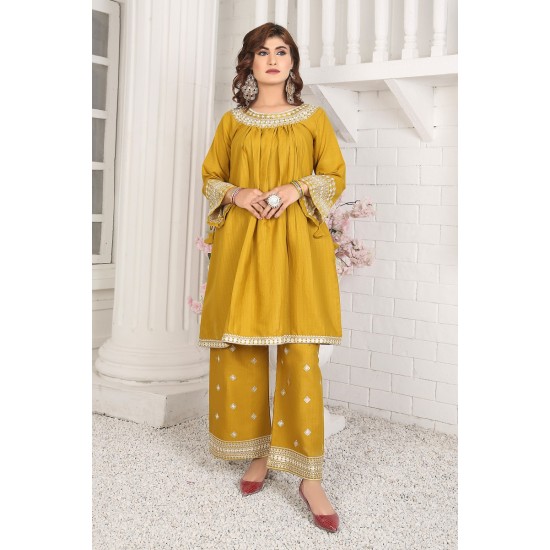 2 Piece Kurti Salwar Embroidery Set - Pure Cotton Collection Stylish Solid Color Light Weight Cotton Fabric Suit Top Bottom Salwar Kameez Indian Pakistani Embroidered Suit For Event Party Outdoor Dress - Golden