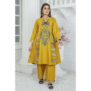 2 Piece Kurti Salwar Embroidery Set - Pure Cotton Collection Stylish Solid Color Light Weight Cotton Fabric Suit Top Bottom Salwar Kameez Indian Pakistani Embroidered Suit For Event Party Outdoor Dress - Golden