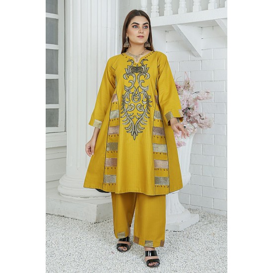 2 Piece Kurti Salwar Embroidery Set - Pure Cotton Collection Stylish Solid Color Light Weight Cotton Fabric Suit Top Bottom Salwar Kameez Indian Pakistani Embroidered Suit For Event Party Outdoor Dress - Golden