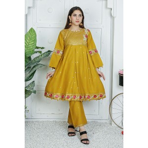 2 Piece Kurti Salwar Embroidery Set - Pure Cotton Collection Stylish Solid Color Light Weight Cotton Fabric Suit Top Bottom Salwar Kameez Indian Pakistani Embroidered Suit For Event Party Outdoor Dress - Golden