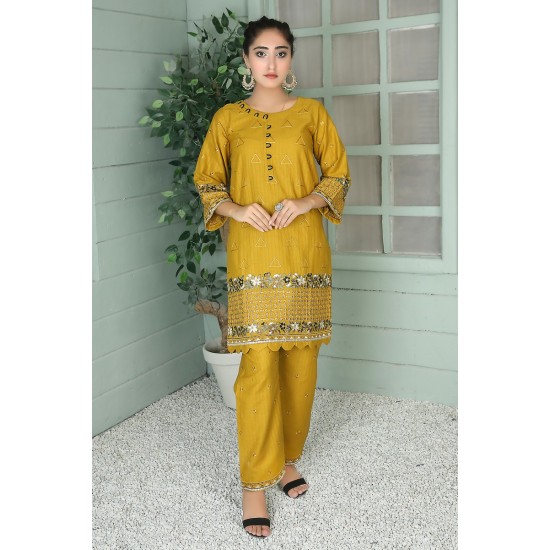 2 Piece Kurti Salwar Embroidery Set - Pure Cotton Collection Stylish Solid Color Light Weight Cotton Fabric Suit Top Bottom Salwar Kameez Indian Pakistani Embroidered Suit For Event Party Outdoor Dress - Golden