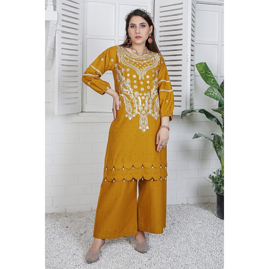 2 Piece Kurti Salwar Embroidery Set - Pure Cotton Collection Stylish Solid Color Light Weight Cotton Fabric Suit Top Bottom Salwar Kameez Indian Pakistani Embroidered Suit For Event Party Outdoor Dress - Golden