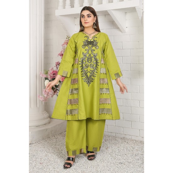 2 Piece Kurti Salwar Embroidery Set - Pure Cotton Collection Stylish Solid Color Light Weight Cotton Fabric Suit Top Bottom Salwar Kameez Indian Pakistani Embroidered Suit For Event Party Outdoor Dress - Green