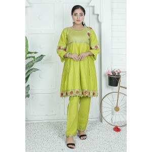 2 Piece Kurti Salwar Embroidery Set - Pure Cotton Collection Stylish Solid Color Light Weight Cotton Fabric Suit Top Bottom Salwar Kameez Indian Pakistani Embroidered Suit For Event Party Outdoor Dress - Green