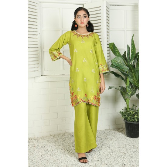 2 Piece Kurti Salwar Embroidery Set - Pure Cotton Collection Stylish Solid Color Light Weight Cotton Fabric Suit Top Bottom Salwar Kameez Indian Pakistani Embroidered Suit For Event Party Outdoor Dress - Green