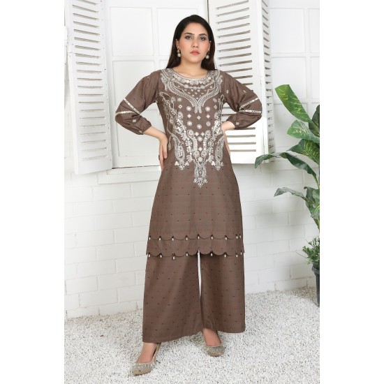 2 Piece Kurti Salwar Embroidery Set - Pure Cotton Collection Stylish Solid Color Light Weight Cotton Fabric Suit Top Bottom Salwar Kameez Indian Pakistani Embroidered Suit For Event Party Outdoor Dress - Khaki
