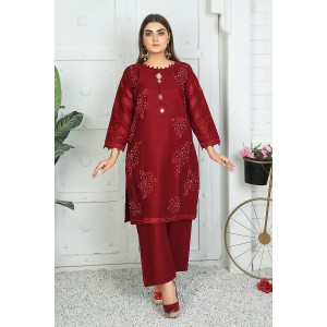 2 Piece Kurti Salwar Embroidery Set - Pure Cotton Collection Stylish Solid Color Light Weight Cotton Fabric Suit Top Bottom Salwar Kameez Indian Pakistani Embroidered Suit For Event Party Outdoor Dress - Maroon