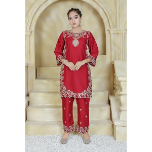 2 Piece Kurti Salwar Embroidery Set - Pure Cotton Collection Stylish Solid Color Light Weight Cotton Fabric Suit Top Bottom Salwar Kameez Indian Pakistani Embroidered Suit For Event Party Outdoor Dress - Maroon
