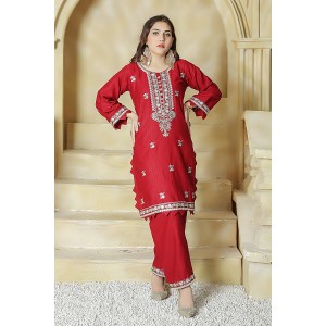 2 Piece Kurti Salwar Embroidery Set - Pure Cotton Collection Stylish Solid Color Light Weight Cotton Fabric Suit Top Bottom Salwar Kameez Indian Pakistani Embroidered Suit For Event Party Outdoor Dress - Maroon