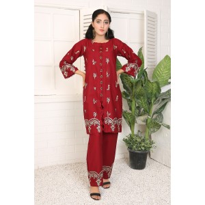 2 Piece Kurti Salwar Embroidery Set - Pure Cotton Collection Stylish Solid Color Light Weight Cotton Fabric Suit Top Bottom Salwar Kameez Indian Pakistani Embroidered Suit For Event Party Outdoor Dress - Maroon