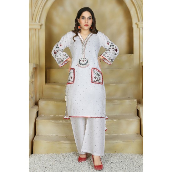2 Piece Kurti Salwar Embroidery Set - Pure Cotton Collection Stylish Solid Color Light Weight Cotton Fabric Suit Top Bottom Salwar Kameez Indian Pakistani Embroidered Suit For Event Party Outdoor Dress - White 2 Piece Kurti Salwar Embroidery Set - Pure Cotton Collection Stylish Solid Color Light Weight Cotton Fabric Suit Top Bottom Salwar Kameez Indian Pakistani Embroidered Suit For Event Party Outdoor Dress - White