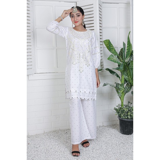 2 Piece Kurti Salwar Embroidery Set - Pure Cotton Collection Stylish Solid Color Light Weight Cotton Fabric Suit Top Bottom Salwar Kameez Indian Pakistani Embroidered Suit For Event Party Outdoor Dress - White
