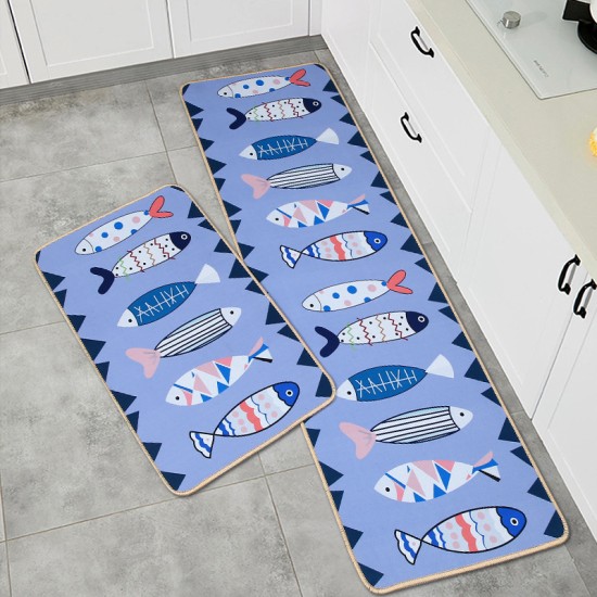 2Pcs Kitchen And Bathroom Non-Slip  Floor Mat Set 40x120 And 40x60 Blue