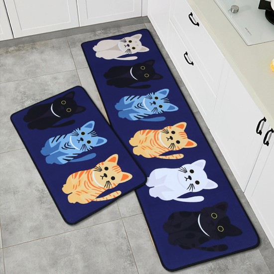 2Pcs Kitchen And Bathroom Non-Slip  Floor Mat Set 40x120 And 40x60 Dark Blue