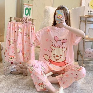 3 Pcs Nightwear Pajama Shorts Sets For Women Sleepwear Peach