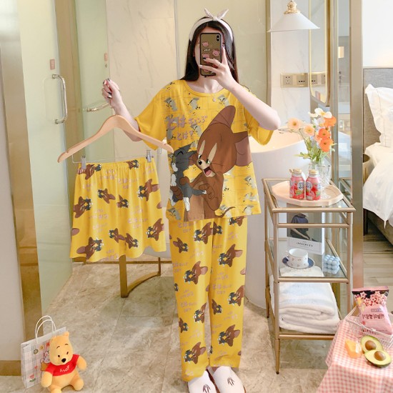 3 Pcs Nightwear Pajama Shorts Sets For Women Sleepwear Yellow