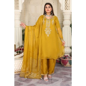 3 Piece Fancy Embroidery Dress - Stylish Light Weight Chiffon Organza Fabric Suit Indian Pakistani Fancy Embroidered Dress For Events Party Outdoor Dress - Golden