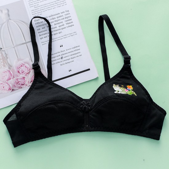 Cartoon Gather Women Rimless Bra Cotton Adjustable - Black