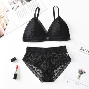Classy Lace Underwear Suit V-Neck Hollow Out - Black