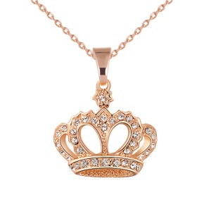 Crown Pendant Necklace Clear Rhinestone Gold