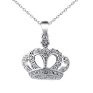 Crown Pendant Necklace Clear Rhinestone Silver 