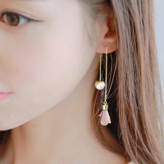 Earrings Flower Tassel Women Imitation Pearl Long Earring Pink Earrings Flower Tassel Women Imitation Pearl Long Earring Pink