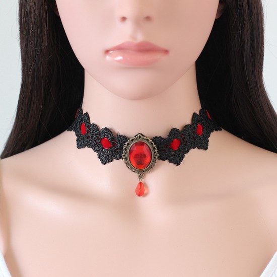 Gothic Crystal Tassel Tattoo Choker Necklace - Red Gothic Crystal Tassel Tattoo Choker Necklace - Red