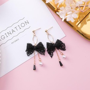 Korean Style Lace Bow Tassel Sweet Earrings Elegant Pearl Black