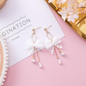 Korean Style Lace Bow Tassel Sweet Earrings Elegant Pearl white