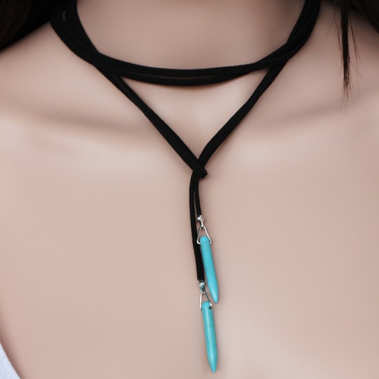 Long Blue Pendant Choker Necklace Black Lace Long Blue Pendant Choker Necklace Black Lace
