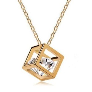 Love Cube Three-Dimensional Necklace Flash Crystal Pendant Golden