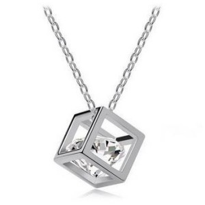 Love Cube Three-Dimensional Necklace Flash Crystal Pendant Silver