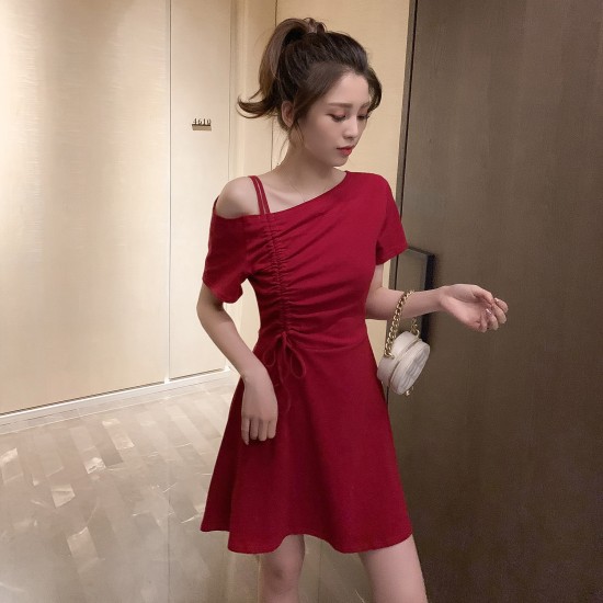 Women's Short Dress - Solid Color Soft Fabric Mini Clothing Dresses For Event Party Korean Style Dress - Red