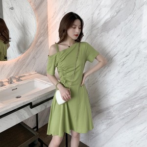 Women's Short Dress - Solid Color Soft Fabric Mini Clothing Dresses For Event Party Korean Style Dress - Green