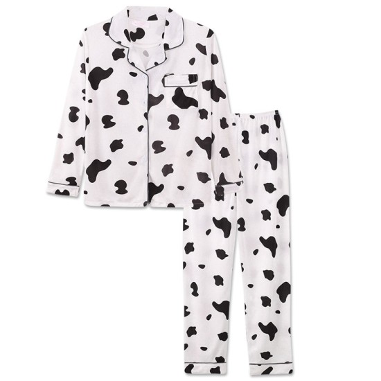 2Pcs Cow Printed Pajama Set - Solid Color Round Collar Neck Long Sleeves With Trouser Sleepwear For Women Nightwear - White Black