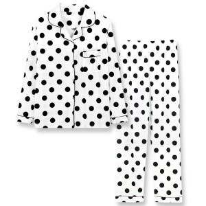 2Pcs Polka Printed Pajama Set - Solid Color Round Collar Neck Long Sleeves With Trouser Sleepwear For Women Nightwear - White Black