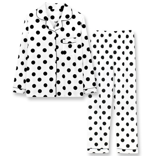 2Pcs Polka Printed Pajama Set - Solid Color Round Collar Neck Long Sleeves With Trouser Sleepwear For Women Nightwear - White Black