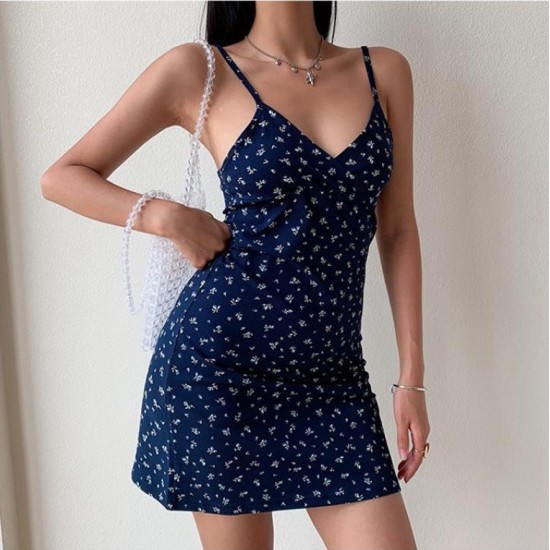 Floral Slim Dress - Printed V-Neck Cross Slim Sleeveless Cute Backless Patry Black Mini Women Dresses - Dark Blue Floral Slim Dress - Printed V-Neck Cross Slim Sleeveless Cute Backless Patry Black Mini Women Dresses - Dark Blue