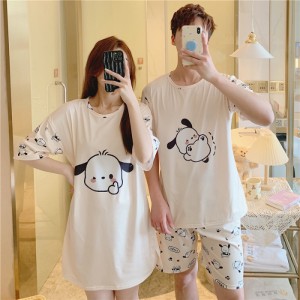 Cartoon Print 3Pcs Couple Pajama Set - Half Sleeves Short Trouser Round Neck Solid White Color Sleepwear for Men And Women Nightwear