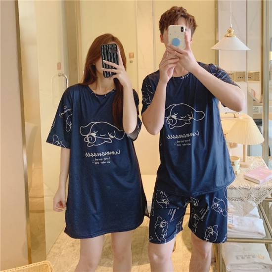 3Pcs Couple Cartoon Printed Pajama Set - Solid Dark Blue Color Round Neck Half Sleeves Short Trouser Sleepwear for Men And Women Nightwear - Dark Blue