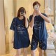 3Pcs Couple Cartoon Printed Pajama Set - Solid Dark Blue Color Round Neck Half Sleeves Short Trouser Sleepwear for Men And Women Nightwear - Dark Blue