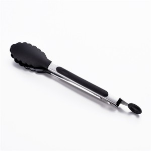 Silicone Food Non-Slip Stainless Steel Kitchen Tong - Black