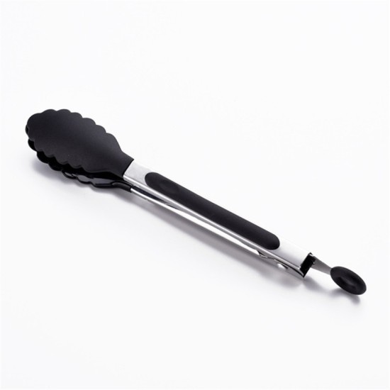 Silicone Food Non-Slip Stainless Steel Kitchen Tong - Black