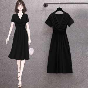 Women Dress - New Temperament Western Style Slimming Pure Color Stylish Dress For Women - Black